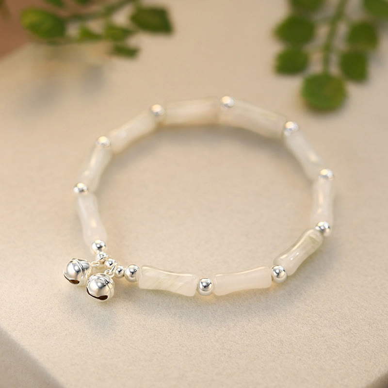 925 Sterling Silver Natural White Jade Bamboo Bell Charm Luck Happiness Bracelet