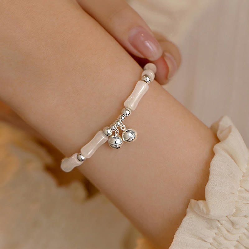 925 Sterling Silver Natural White Jade Bamboo Bell Charm Luck Happiness Bracelet