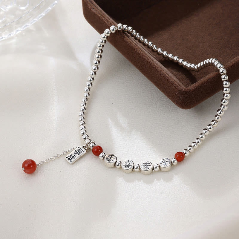 925 Sterling Silver Small Beads Red Agate Peace And Joy Blessing Anklet