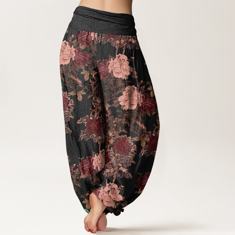 Cotton Casual Lush Peony Flowers Leaf Pattern Women's Elastic Waist Harem Pants