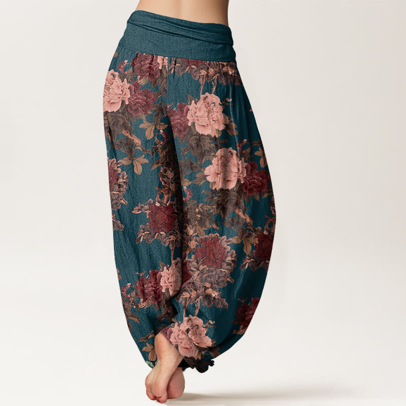 Cotton Casual Lush Peony Flowers Leaf Pattern Women's Elastic Waist Harem Pants