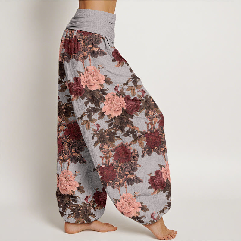 Cotton Casual Lush Peony Flowers Leaf Pattern Women's Elastic Waist Harem Pants