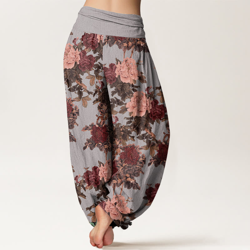 Cotton Casual Lush Peony Flowers Leaf Pattern Women's Elastic Waist Harem Pants