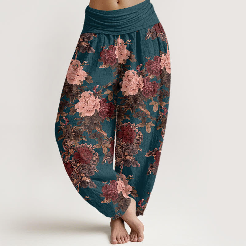 Cotton Casual Lush Peony Flowers Leaf Pattern Women's Elastic Waist Harem Pants