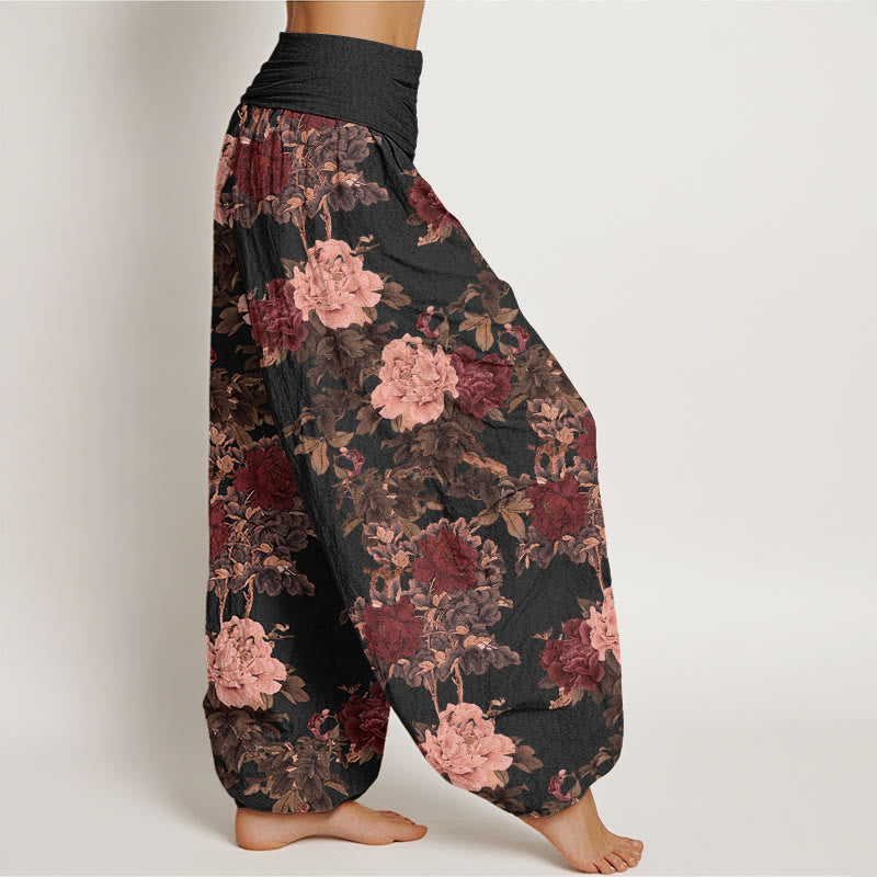 Cotton Casual Lush Peony Flowers Leaf Pattern Women's Elastic Waist Harem Pants