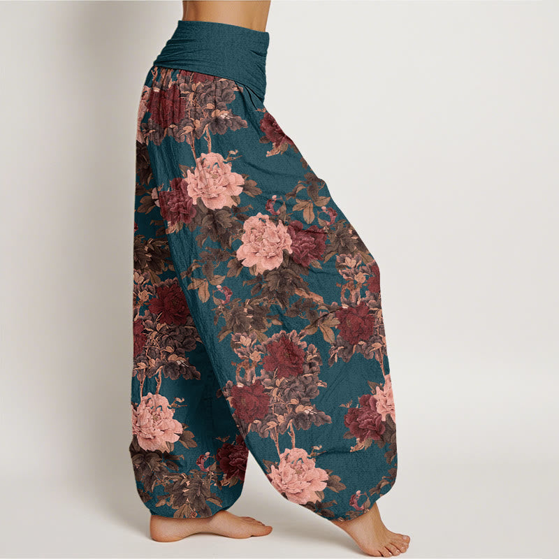 Cotton Casual Lush Peony Flowers Leaf Pattern Women's Elastic Waist Harem Pants