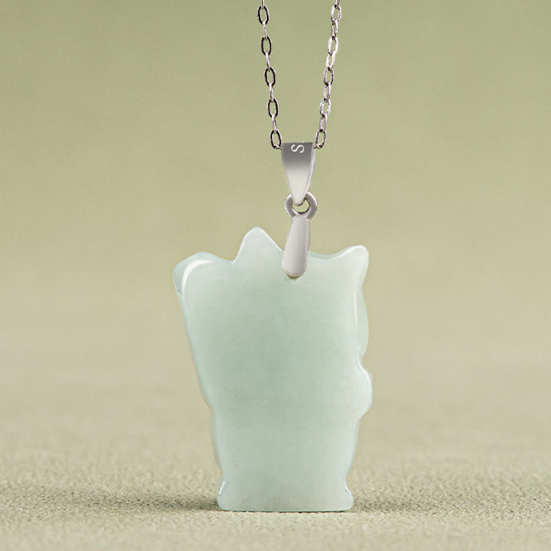 925 Sterling Silver Jade Fortune Cat Prosperity Necklace Pendant