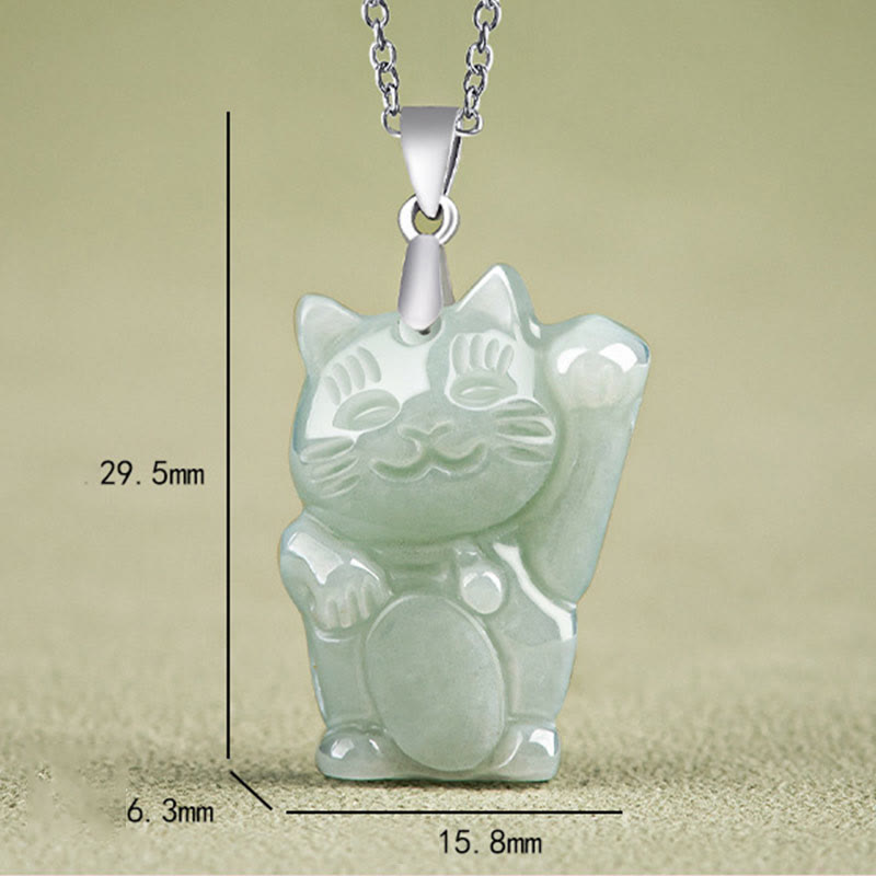 925 Sterling Silver Jade Fortune Cat Prosperity Necklace Pendant