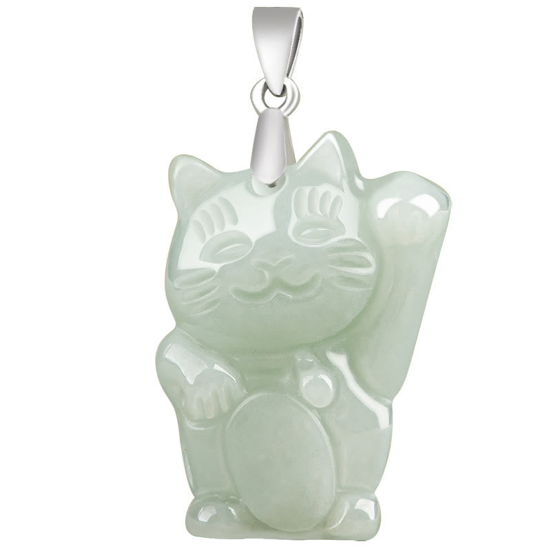 925 Sterling Silver Jade Fortune Cat Prosperity Necklace Pendant