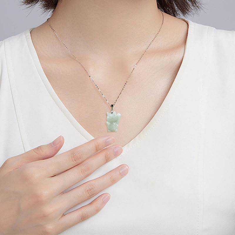 925 Sterling Silver Jade Fortune Cat Prosperity Necklace Pendant