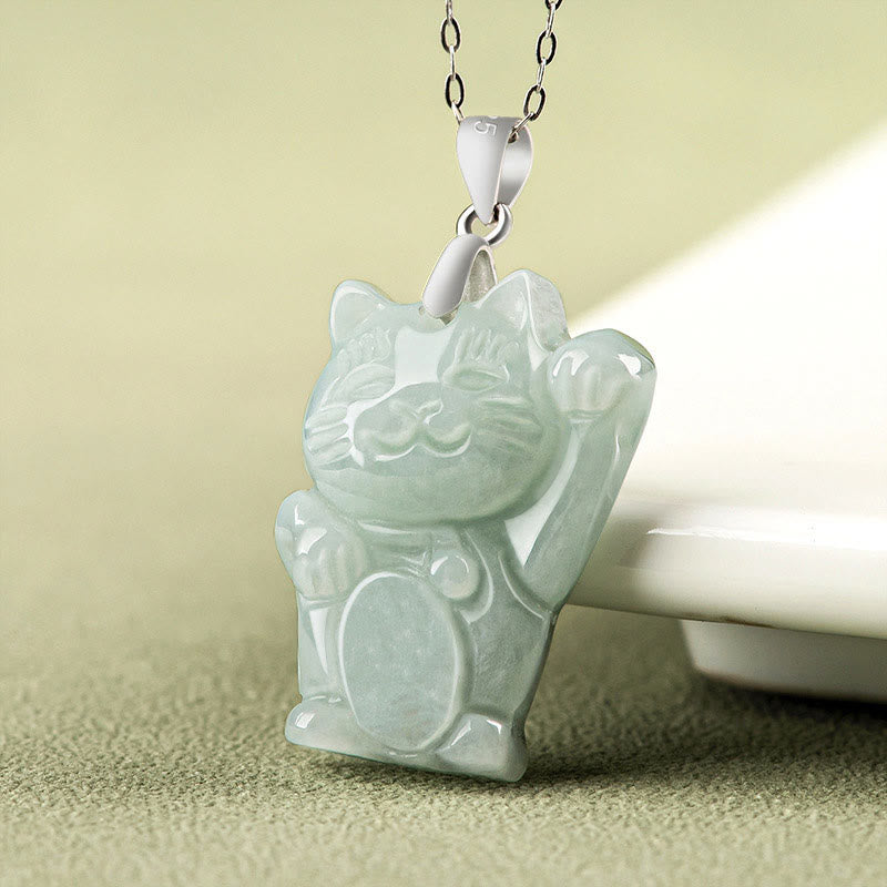 925 Sterling Silver Jade Fortune Cat Prosperity Necklace Pendant
