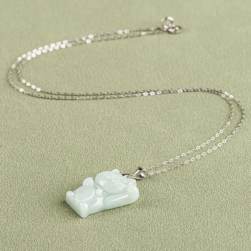 925 Sterling Silver Jade Fortune Cat Prosperity Necklace Pendant