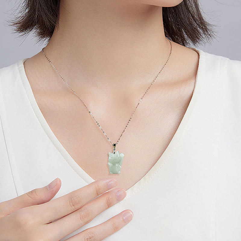 925 Sterling Silver Jade Fortune Cat Prosperity Necklace Pendant