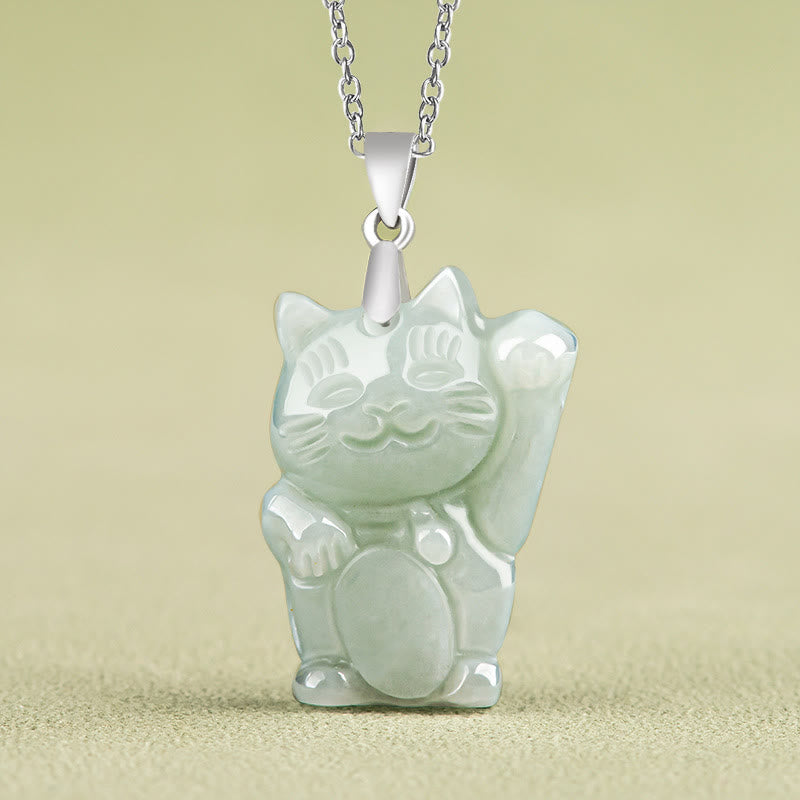 925 Sterling Silver Jade Fortune Cat Prosperity Necklace Pendant