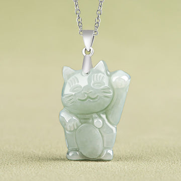 925 Sterling Silver Jade Fortune Cat Prosperity Necklace Pendant