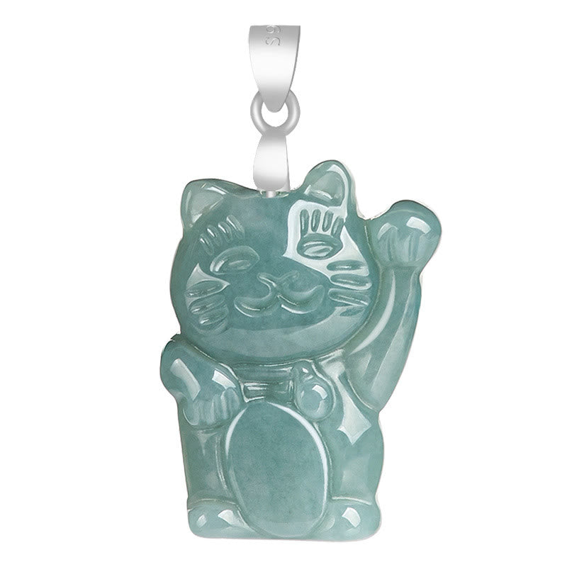 925 Sterling Silver Natural Jade Lucky Cat Abundance Necklace Pendant