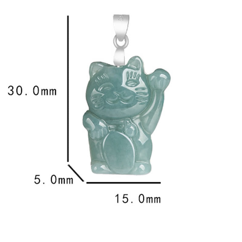 925 Sterling Silver Natural Jade Lucky Cat Abundance Necklace Pendant