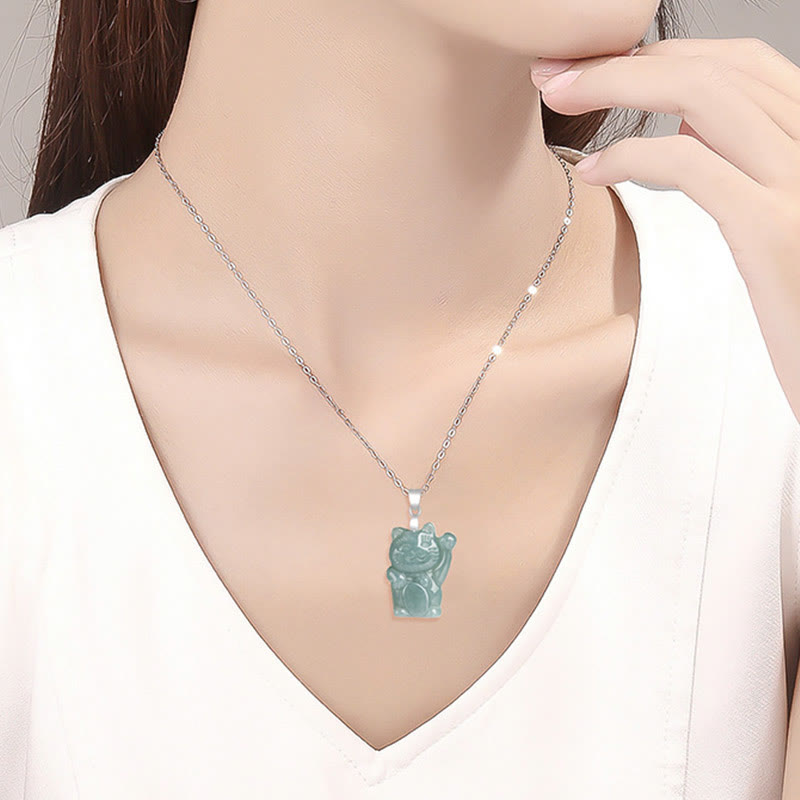 925 Sterling Silver Natural Jade Lucky Cat Abundance Necklace Pendant