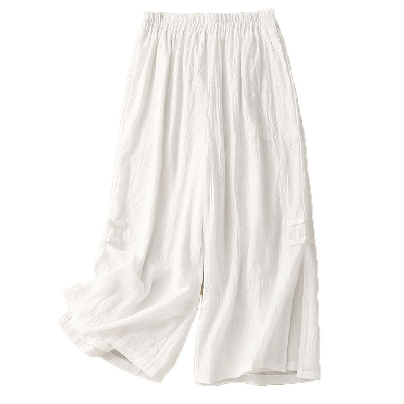 Casual Plain Color Chinese Frog Button Cotton Linen Women's Wide Leg Pants