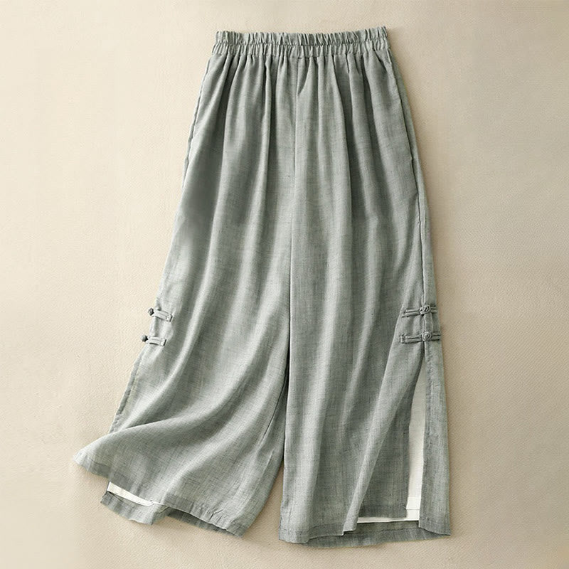 Casual Plain Color Chinese Frog Button Cotton Linen Women's Wide Leg Pants