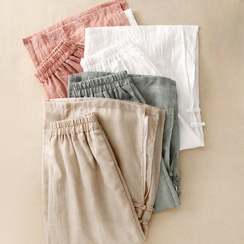 Casual Plain Color Chinese Frog Button Cotton Linen Women's Wide Leg Pants