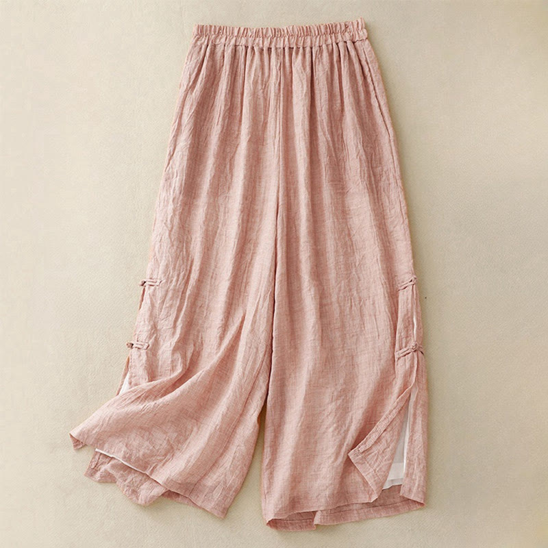 Casual Plain Color Chinese Frog Button Cotton Linen Women's Wide Leg Pants