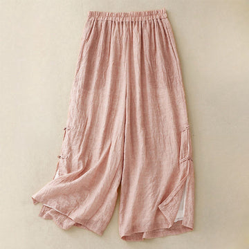 Casual Plain Color Chinese Frog Button Cotton Linen Women's Wide Leg Pants