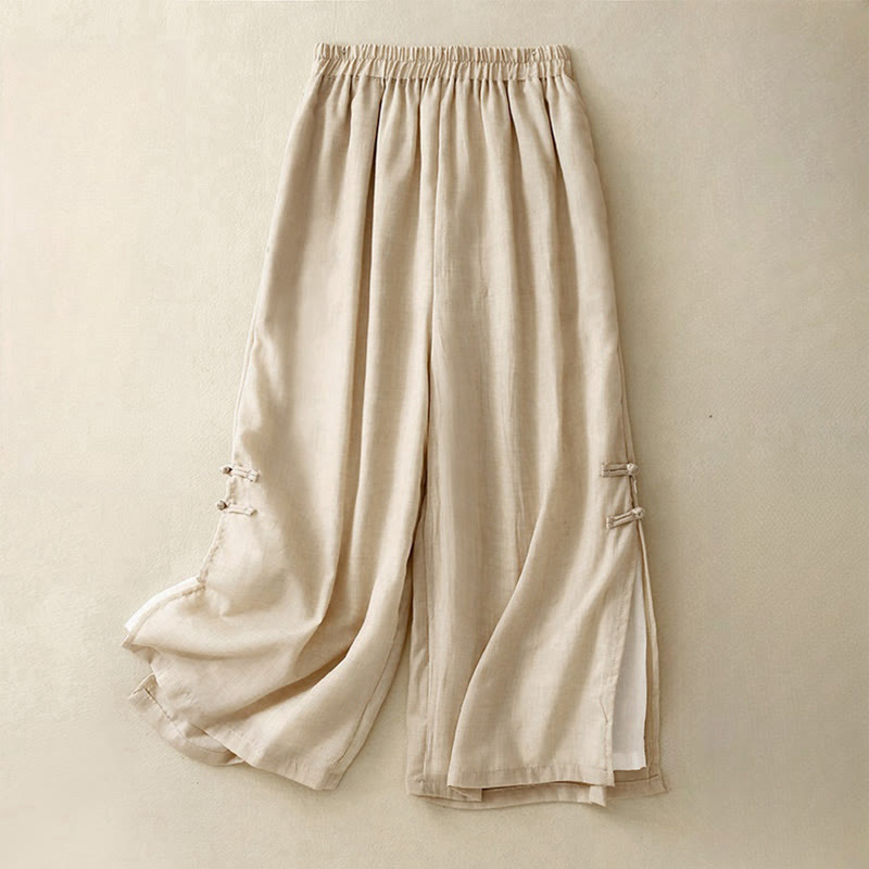 Casual Plain Color Chinese Frog Button Cotton Linen Women's Wide Leg Pants