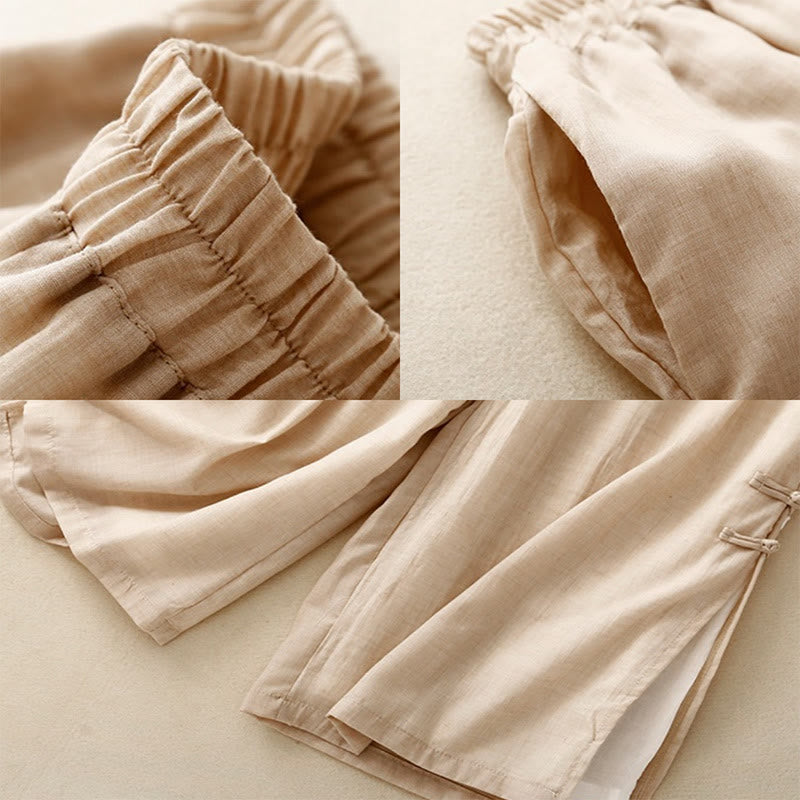 Casual Plain Color Chinese Frog Button Cotton Linen Women's Wide Leg Pants