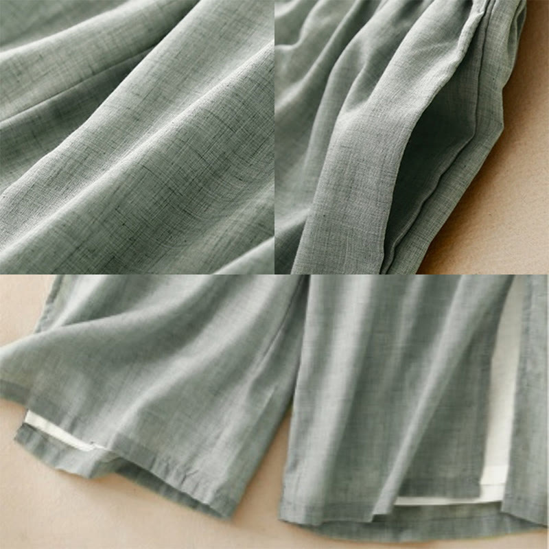 Casual Plain Color Chinese Frog Button Cotton Linen Women's Wide Leg Pants