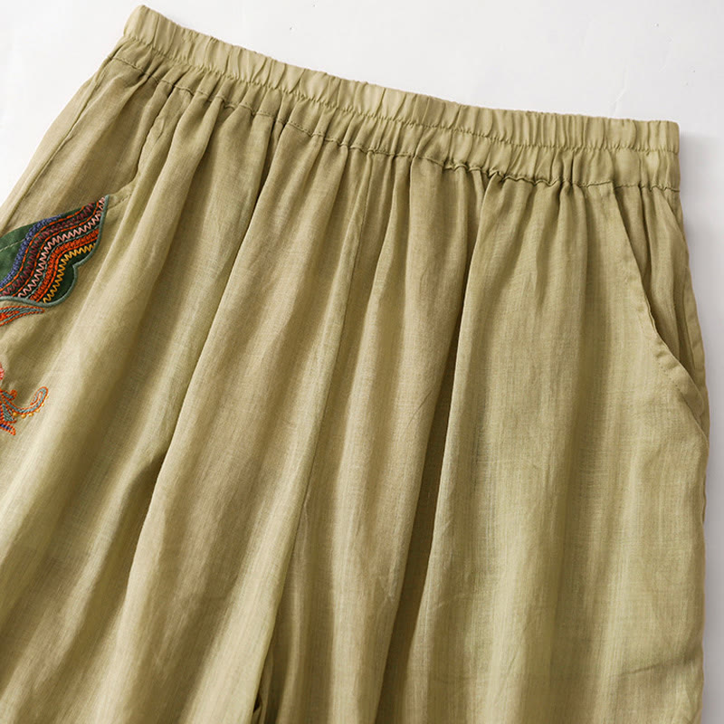 Summer Embroidery Double Layer Cotton Linen Women's Wide Leg Pants With Pockets