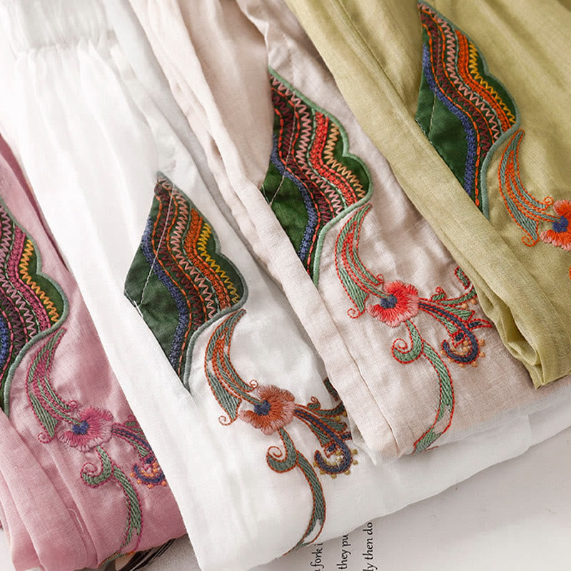 Summer Embroidery Double Layer Cotton Linen Women's Wide Leg Pants With Pockets