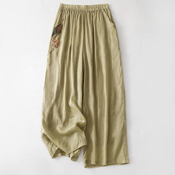 Summer Embroidery Double Layer Cotton Linen Women's Wide Leg Pants With Pockets
