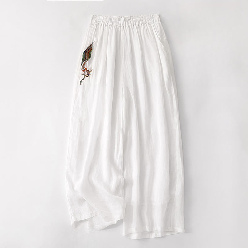Summer Embroidery Double Layer Cotton Linen Women's Wide Leg Pants With Pockets
