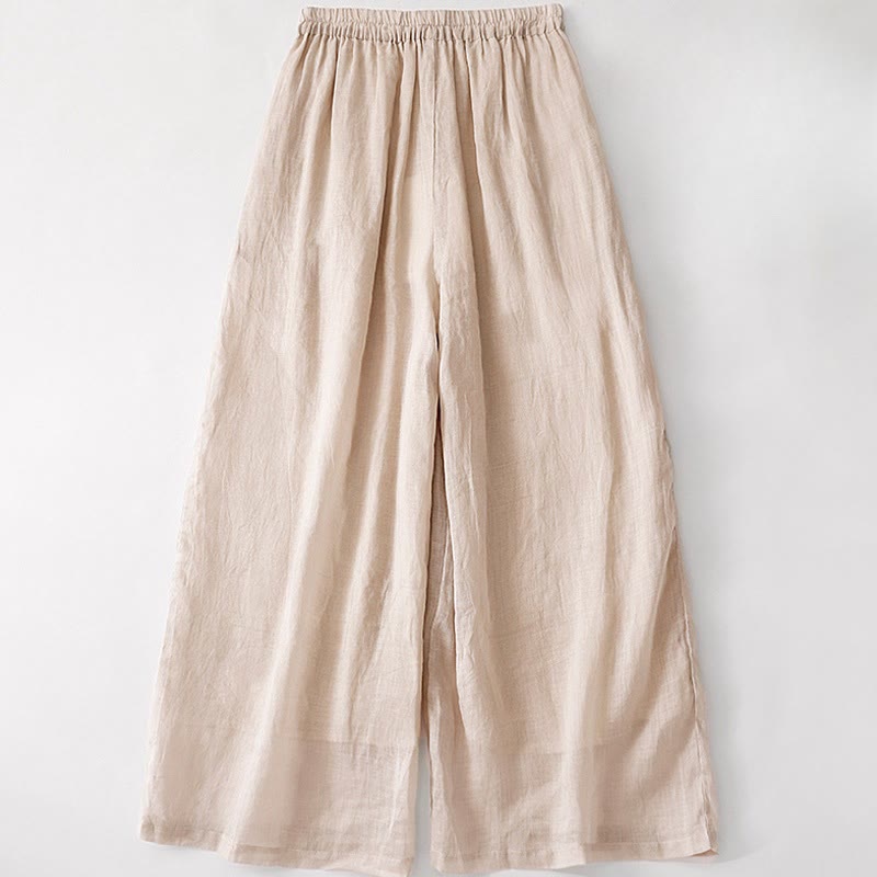 Summer Embroidery Double Layer Cotton Linen Women's Wide Leg Pants With Pockets
