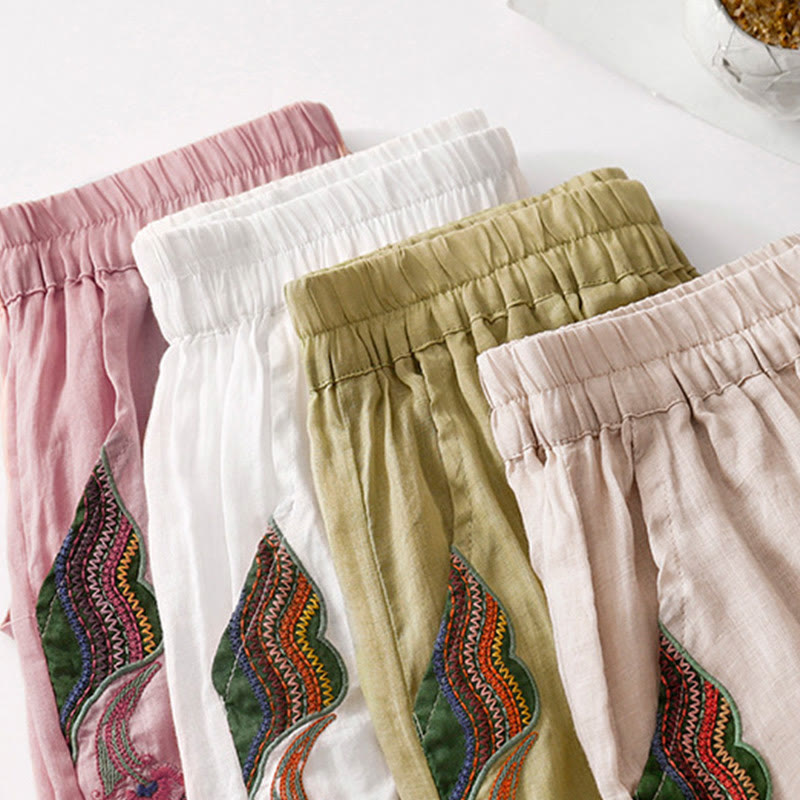 Summer Embroidery Double Layer Cotton Linen Women's Wide Leg Pants With Pockets
