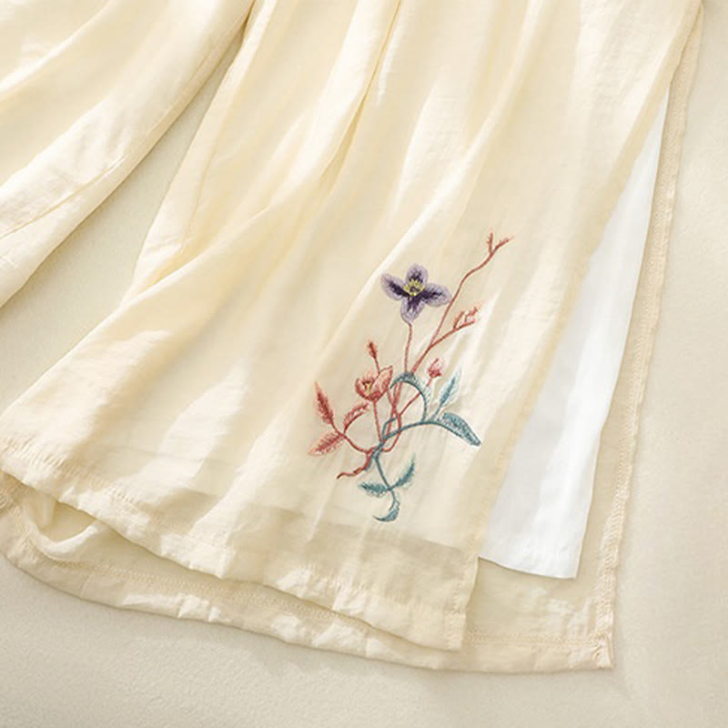 Artistic Embroidery Flower Double Layer Chinese Frog Button Split Cotton Linen Women's Wide Leg Pants