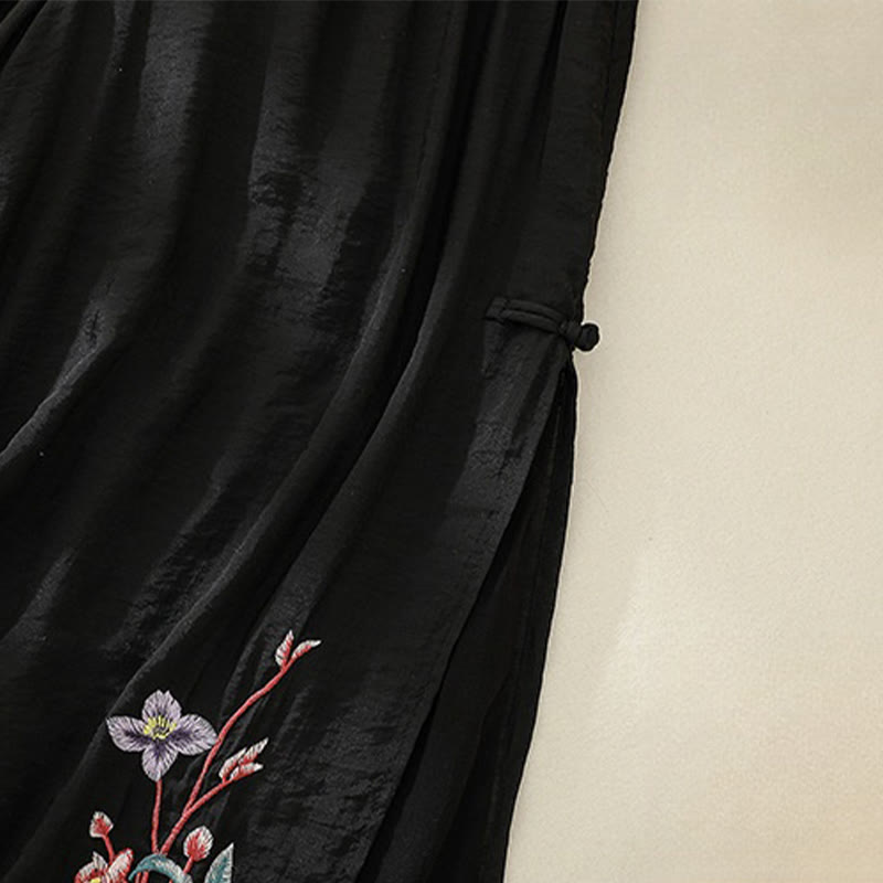 Artistic Embroidery Flower Double Layer Chinese Frog Button Split Cotton Linen Women's Wide Leg Pants