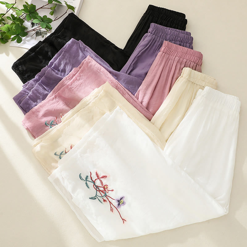 Artistic Embroidery Flower Double Layer Chinese Frog Button Split Cotton Linen Women's Wide Leg Pants