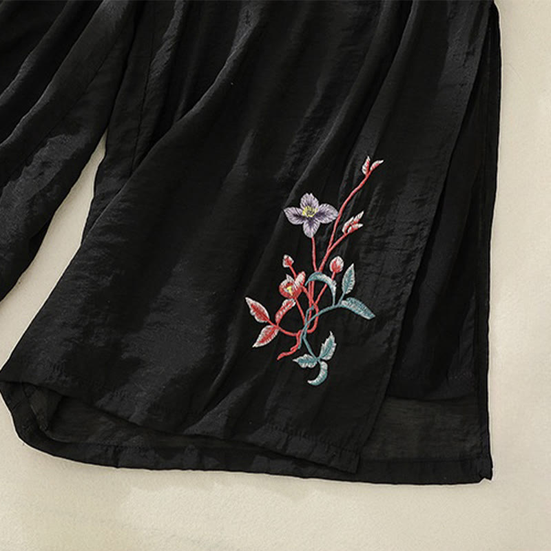 Artistic Embroidery Flower Double Layer Chinese Frog Button Split Cotton Linen Women's Wide Leg Pants