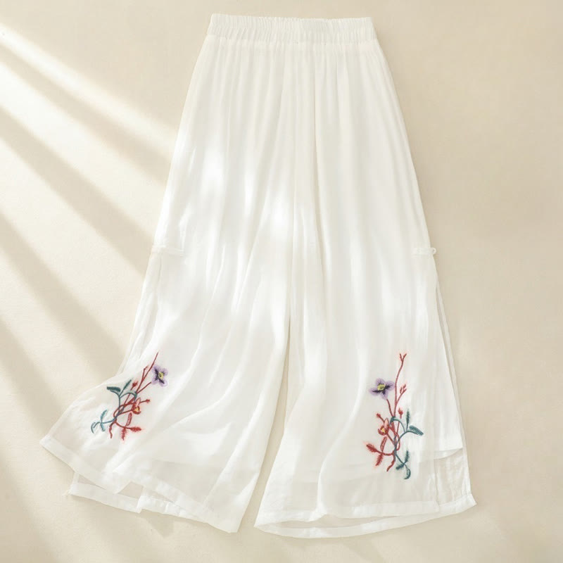 Artistic Embroidery Flower Double Layer Chinese Frog Button Split Cotton Linen Women's Wide Leg Pants