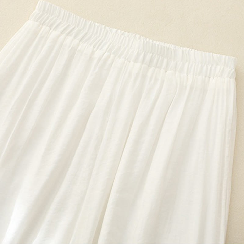 Artistic Embroidery Flower Double Layer Chinese Frog Button Split Cotton Linen Women's Wide Leg Pants