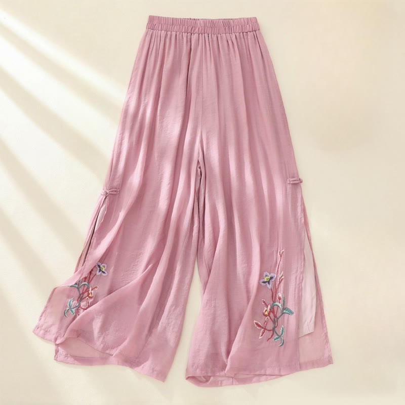 Artistic Embroidery Flower Double Layer Chinese Frog Button Split Cotton Linen Women's Wide Leg Pants