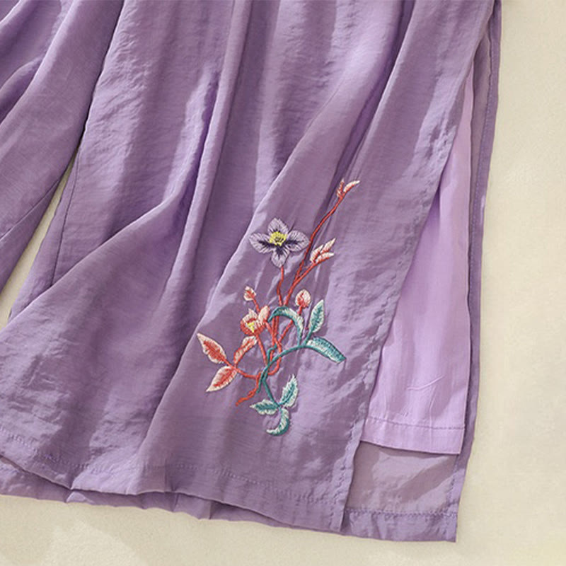 Artistic Embroidery Flower Double Layer Chinese Frog Button Split Cotton Linen Women's Wide Leg Pants