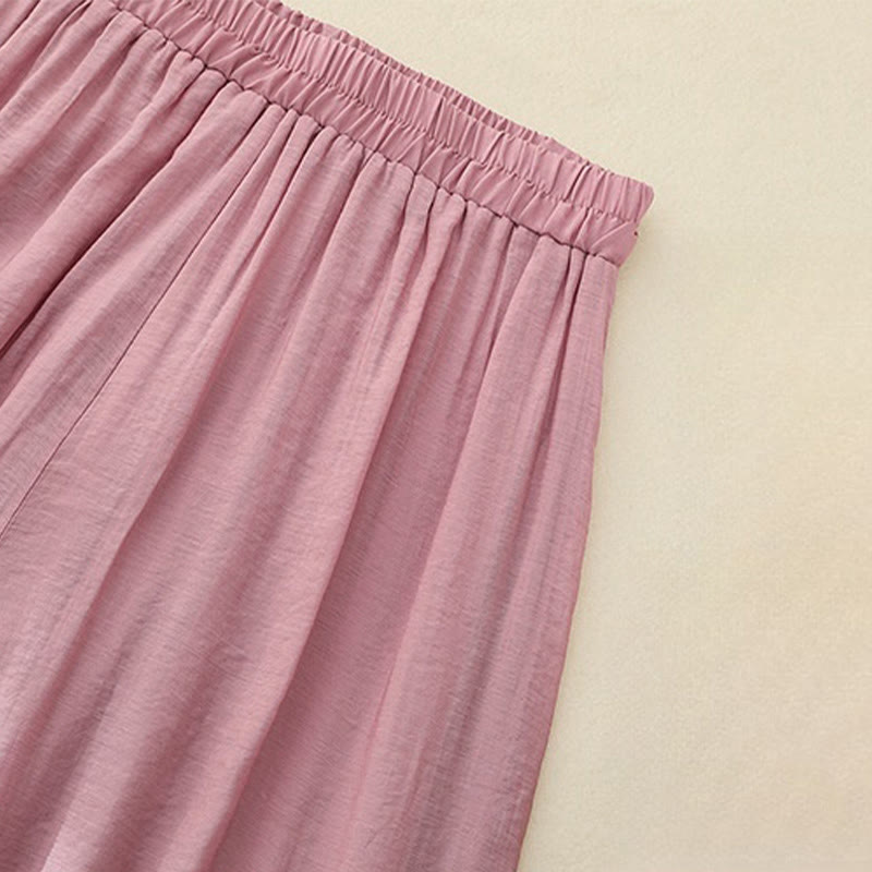 Artistic Embroidery Flower Double Layer Chinese Frog Button Split Cotton Linen Women's Wide Leg Pants