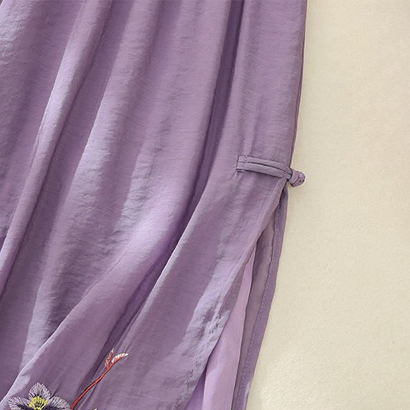 Artistic Embroidery Flower Double Layer Chinese Frog Button Split Cotton Linen Women's Wide Leg Pants