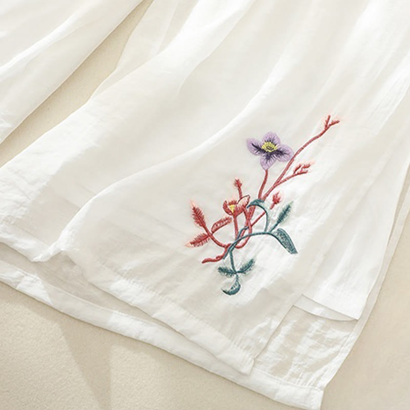 Artistic Embroidery Flower Double Layer Chinese Frog Button Split Cotton Linen Women's Wide Leg Pants