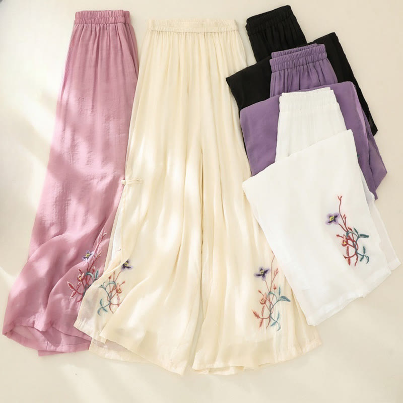 Artistic Embroidery Flower Double Layer Chinese Frog Button Split Cotton Linen Women's Wide Leg Pants