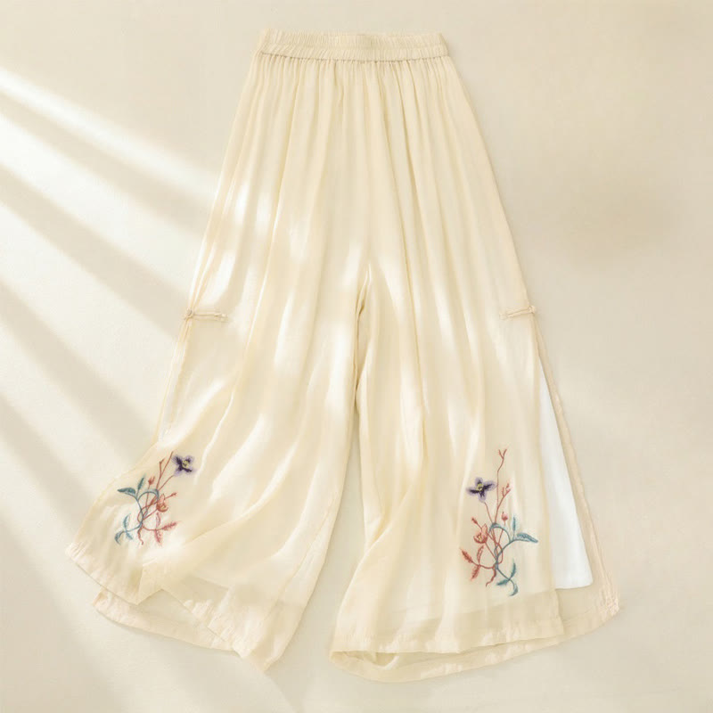 Artistic Embroidery Flower Double Layer Chinese Frog Button Split Cotton Linen Women's Wide Leg Pants
