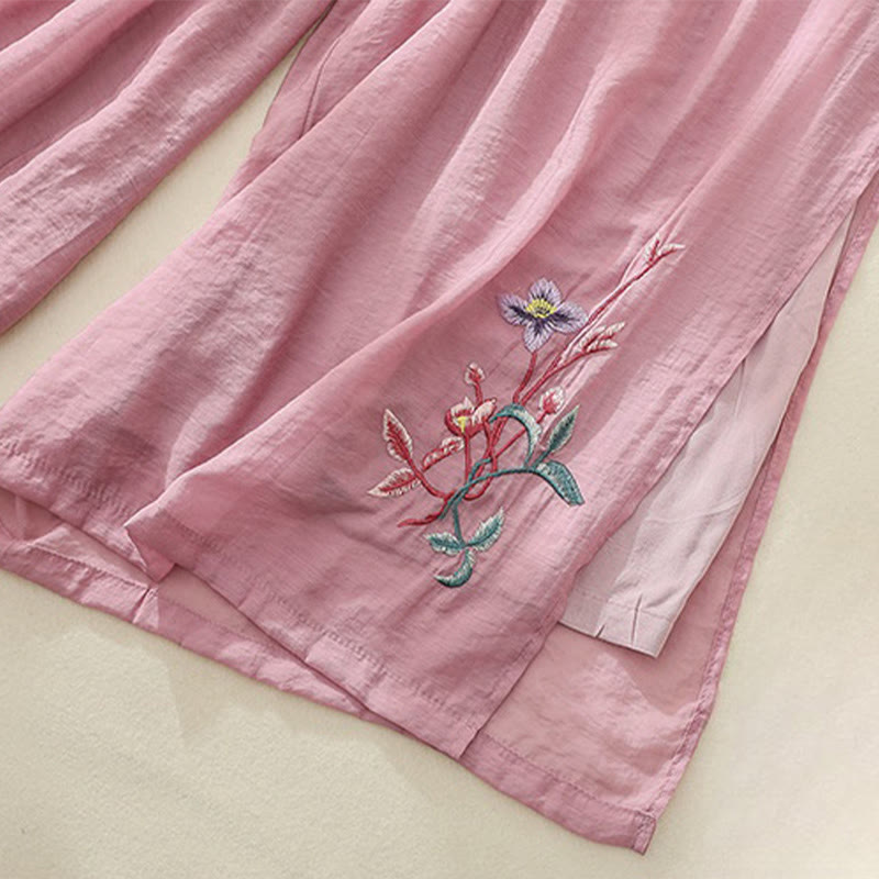 Artistic Embroidery Flower Double Layer Chinese Frog Button Split Cotton Linen Women's Wide Leg Pants